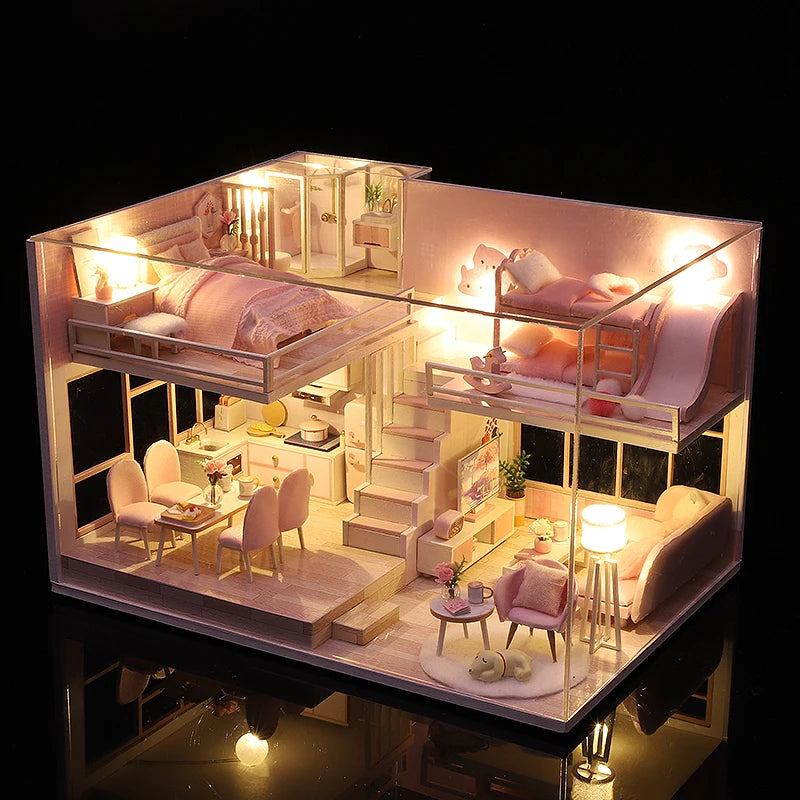 LuxeHaven™ Miniature Wooden Dollhouse – Elegant DIY Duplex Apartment 3D Puzzle with Exquisite Furniture