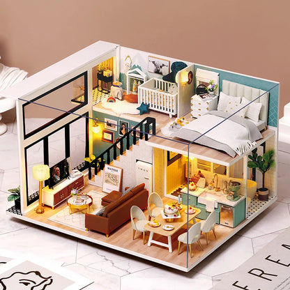 LuxeHaven™ Miniature Wooden Dollhouse – Elegant DIY Duplex Apartment 3D Puzzle with Exquisite Furniture