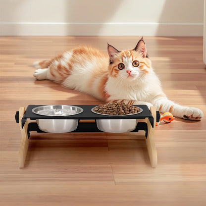 FeastHaven™ Elevated Pet Bowls – Iron & Wood Stand with Removable Stainless Steel Dishes