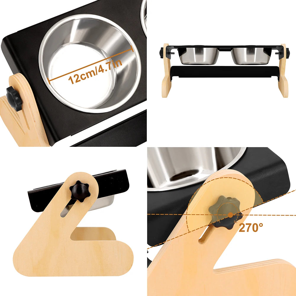 FeastHaven™ Elevated Pet Bowls – Iron & Wood Stand with Removable Stainless Steel Dishes