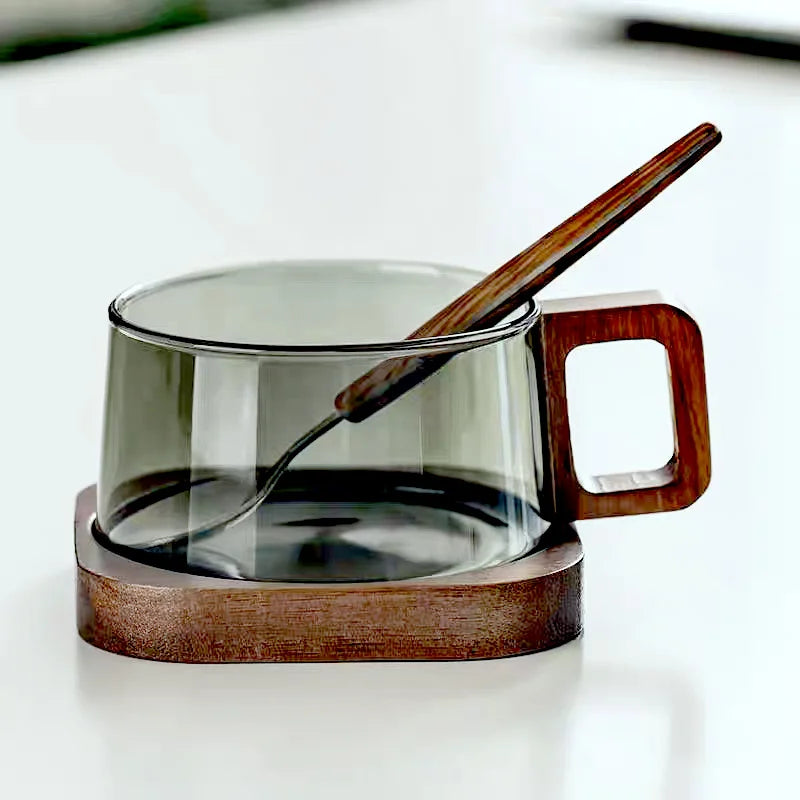 LatteLuxe™ – 200ml Heat-Resistant Glass Coffee Mug with Wooden Tray & Spoon