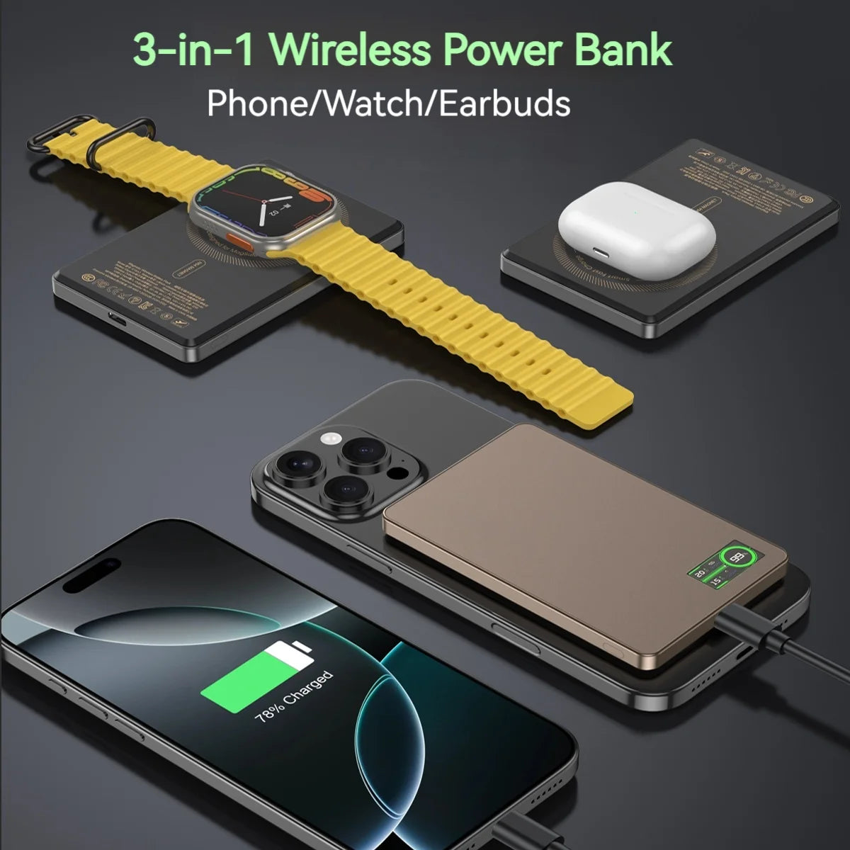 VoltMate™ Trio – 3-in-1 Magnetic Wireless Power Bank with 15W Fast Charging