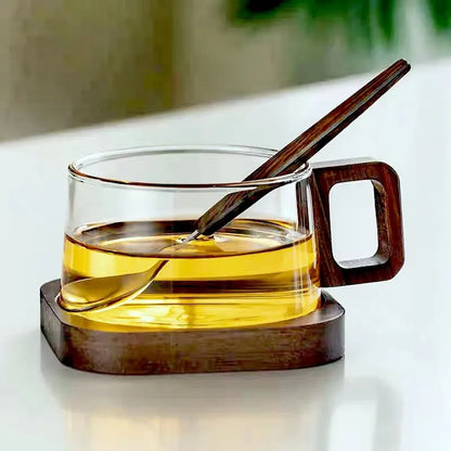 LatteLuxe™ – 200ml Heat-Resistant Glass Coffee Mug with Wooden Tray & Spoon