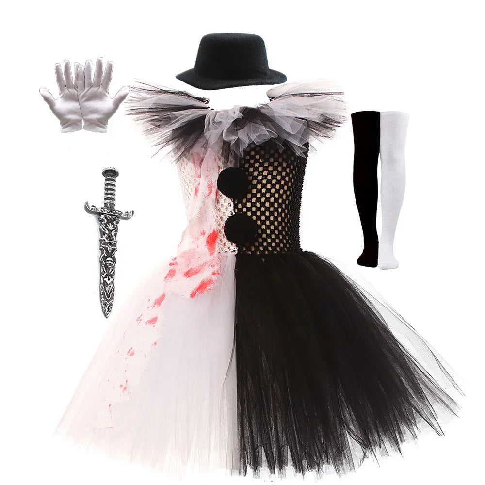 Grimtutu™ – Girls’ Halloween Killer Clown Dress-Up Costume