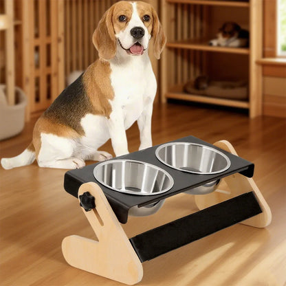 FeastHaven™ Elevated Pet Bowls – Iron & Wood Stand with Removable Stainless Steel Dishes